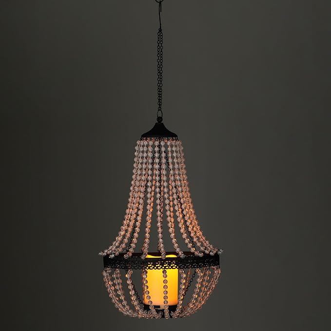 Hanging Candle Chandelier Outdoor, Battery Operated Clear Acrylic Beaded Chandelier with Flickering Led Candle Light S Hooks Modern Lantern for Garden Yard Patio Gazebo Room Indoor Decorations, 27”H