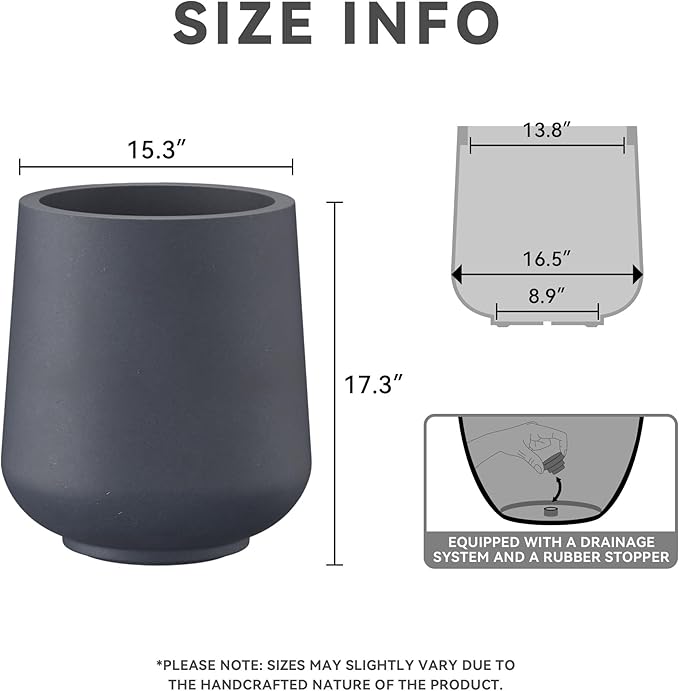 Kante 15.3" Dia Round Concrete Planter, Outdoor Indoor Large Plant Pots Containers with Drainage Hole and Rubber Plug for Home Garden Patio, Charcoal