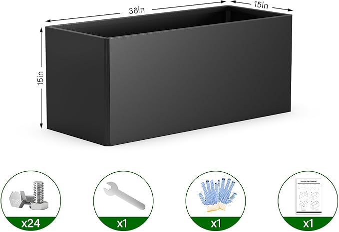 Metal Planter Box - Heavy Duty Rectangular Trough, All-Weather Rust-Resistant Design with 6 Drainage Holes | Large 36x15x15 Inch for Patio, Porch & Garden | Black