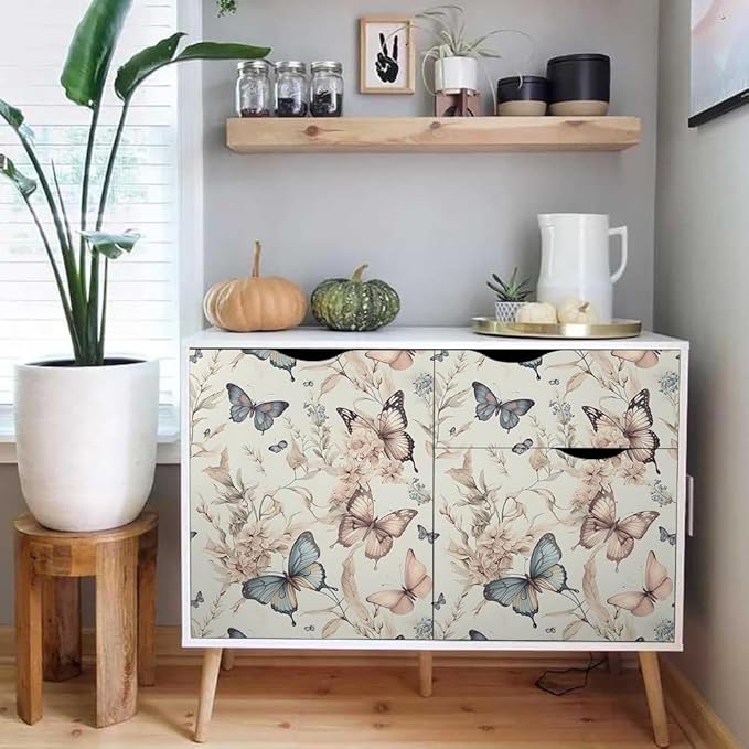Wonderland Boho Butterfly Flowers Peel and Stick Wallpaper Self Adhesive Removable Easy Peel Off Stick on Wall Paper for Bedroom Cabinet Renter Friendly