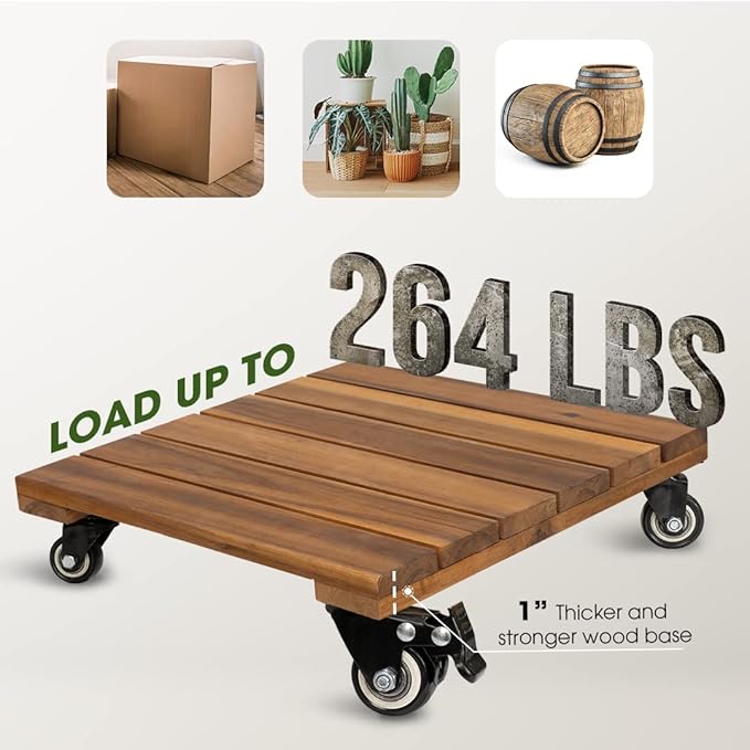 Idzo 2-Pack 12 Inch Acacia Wood Rolling Square Plant Caddy for Plant Pots, Heavy Duty Plant Stand with 360° Lockable Wheels, 264 lbs Capacity Caddy for Indoor and Outdoor Use, Natural Wood