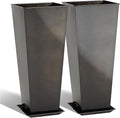KOL 25''H. Bright Glazed Planter with Drainage Hole, Set of 2, Tall Galvanized Steel Planter Pots with Saucer for Indoor & Outdoor Use, Decorative Flower Plant Pots for Porch, Patio, Deck - Black