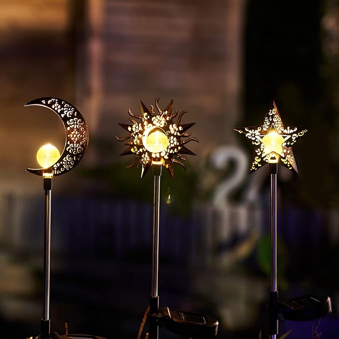 Tryme Solar Lights Outdoor Garden Decorations Sun Moon Star Stake Light Decorative Waterproof Warm White LED Yard Decor for Pathway Lawn Patio Courtyard Backyard