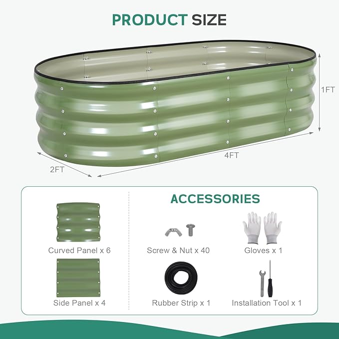 Galvanized Raised Garden Bed - 4×2×1ft (2 Packs) Planter Raised Beds for Gardening | Oval Metal Garden Planter Box with Safety Edging and Gloves for Vegetables Fruits and Flower OliveGreen