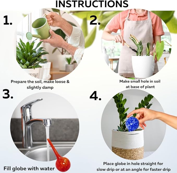 Evelots Plant Watering Globes (3 Pack) - Hand Blown Glass - Automatic Water Irrigation System - Indoor/Outdoor - Leave Your Home Worry Free
