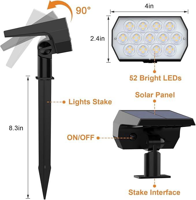 WELALO Solar Spot Lights Outdoor, [2 Pack/52 LED/3 Modes] 2-in-1 Solar Landscape Spotlights, Solar Powered Security Lights, IP65 Waterproof Wall Lights for Walkway Yard Garden Driveway(Warm White)