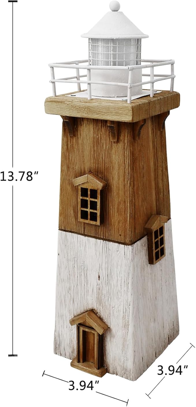 Wooden Lighthouse Decor with Light, Decorative Nautical Lighthouse Rustic Ocean Sea Beach Themed Lighthouse Decoration, Handcrafted Tabletop Nautical Themed Home Decor Bathroom Decor (13.78“H)