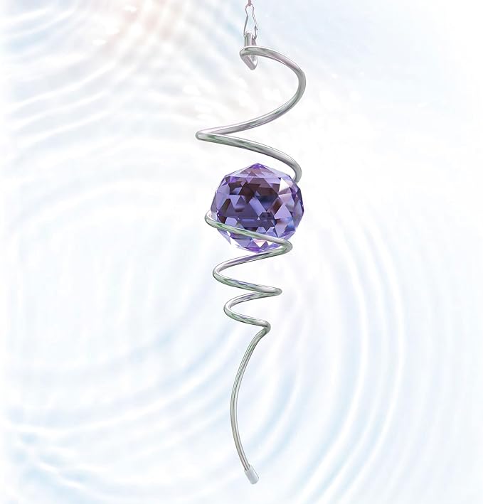 Wind Spinner Spiral Tail, Gazing Ball Spiral, Decorative Sun Catcher Rainbow Maker 11inch Tail and 2 inch Purple Crystal Orb with Swivel Hook, Indoor & Outdoor Garden Decoration 13" Height