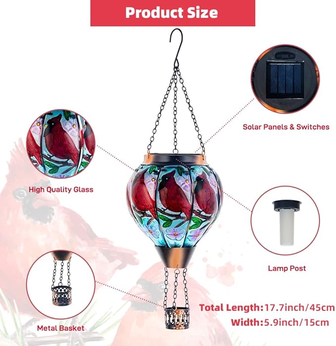 DREAMSOUL Cardinal Hot Air Balloon Solar Lantern, Hanging Solar Lanterns Outdoor with Flickering Flame Light, Glass Outdoor Lantern Waterproof for Patio Yard Party Gift Decor Christmas Gifts