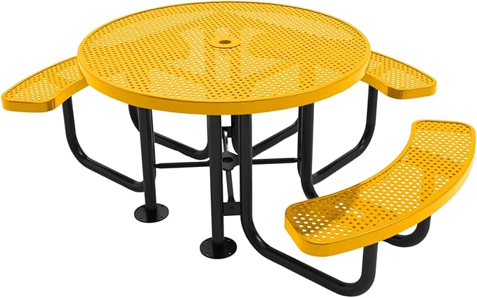 Heavy-Duty Portable ADA-Compliant Outdoor Picnic Table with Umbrella Hole, Punched Steel Patio Dining Furniture Made in America (46" Round Top, Textured Yellow)