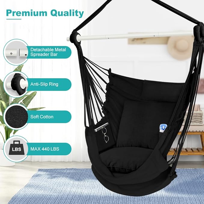 Outerman Hammock Chair, Hanging Chair with 3 Cushions and Foot Rest Support, Sturdy Metal Spreader Bar Max 500Lbs, Swing Chair for Bedroom, Indoor & Outdoor, Patio, Porch or Tree（Black）…