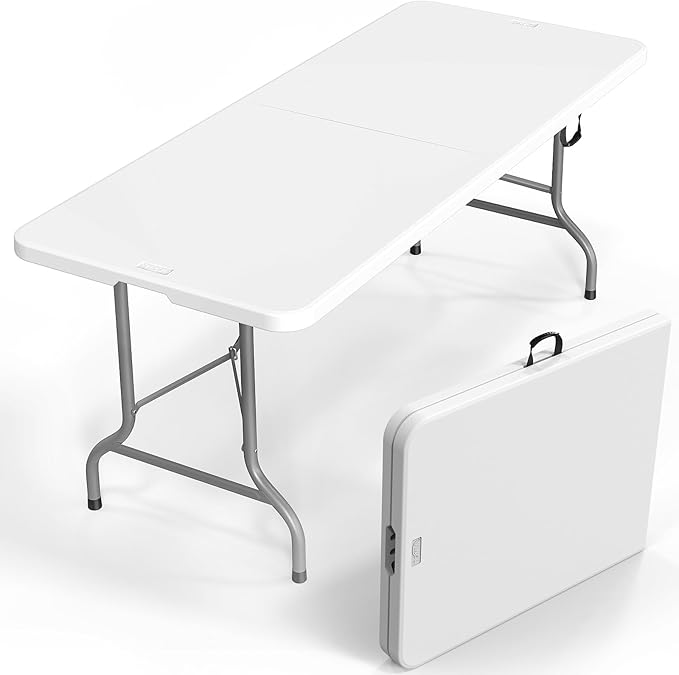 VINGLI 8 Foot Plastic Folding Table Portable Long Table for Indoor Outdoor Use Rectangular with Carrying Handle，White