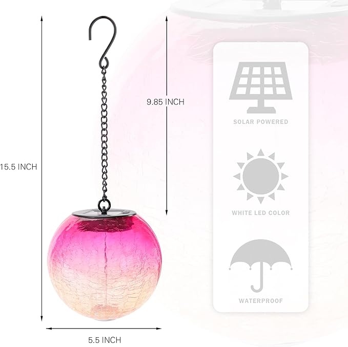 Hanging Solar Lights Outdoor Solar Lanterns Outdoor Decorative Cracked Glass Ball Lights Solar Powered Waterproof LED Globe Lantern for Outdoor Porch Patio Garden Decor Gift Red
