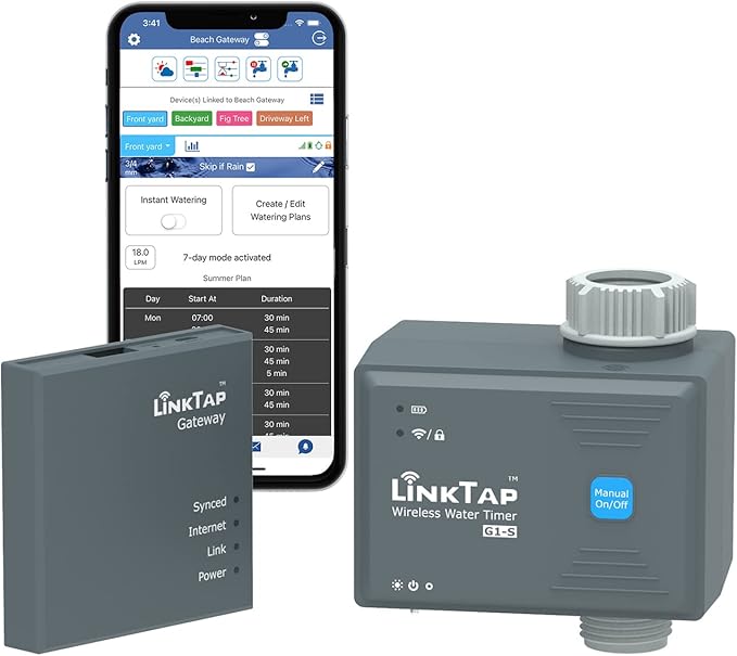 LinkTap G1S Wireless Water Timer & Gateway - Smart Sprinkler Timer with App, Remote Irrigation for Garden, Weather Aware, Greater Range than WiFi, Manual Control & Digital Lockout, 2 Year Battery Life
