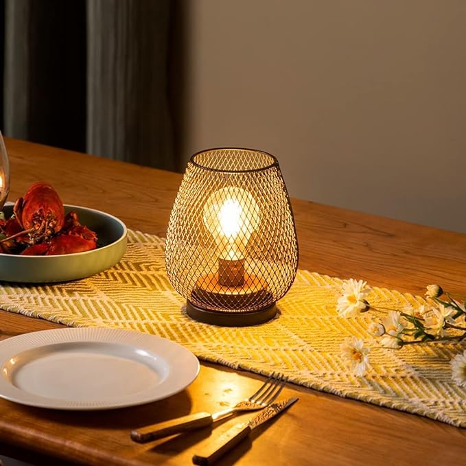 DECORKEY Set of 4 Battery Operated Lamp LED Table Lantern, Brown Metal Cage Cordless Lamps with LED Bulb，Vintage Decorative Outdoor Lantern for Weddings, Parties, Patio, Events for Indoors Shelf Decor
