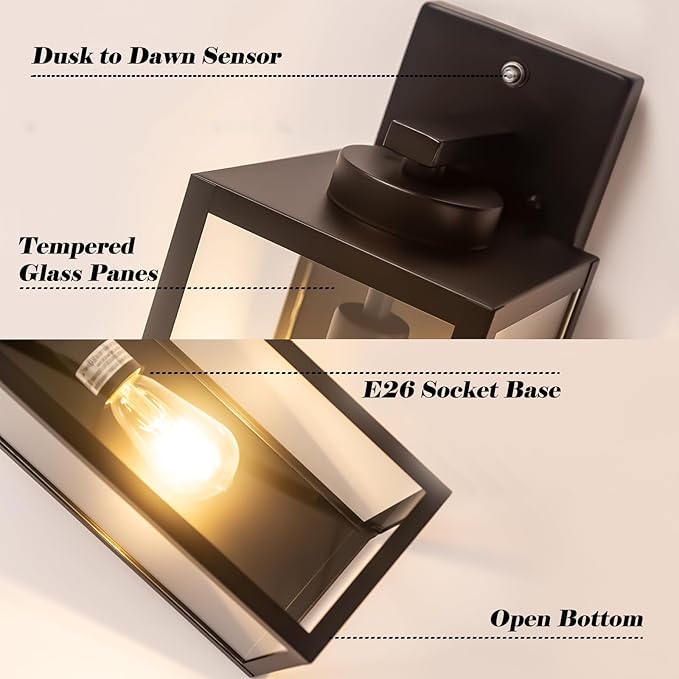 Dusk to Dawn Outdoor Wall Light Fixture, 16" Large Exterior Black Lantern Waterproof, Farmhouse Porch Sconce Lighting, Modern Wall-Mounted Outside Lights for House Garage, Patio Lamp