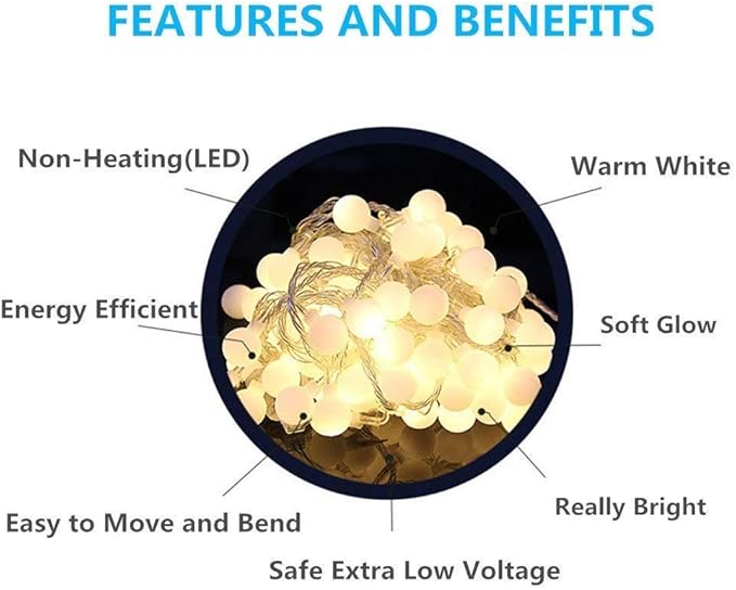 Globe String Lights 49 Feet 100 led,8 Modes Fairy Plug in Indoor String Lights for Bedroom,Classroom,Outdoor, Patio,Garden,Party,Wedding-Warm White