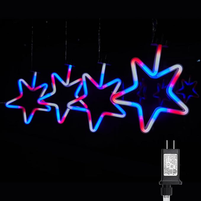 4th of July Decorations Outdoor Red White and Blue Lights, 4 Big Neon Star Pathway Lights Plug in for Independence Day Memorial Day Patriotic Decor Outside Garden Yard Lawn