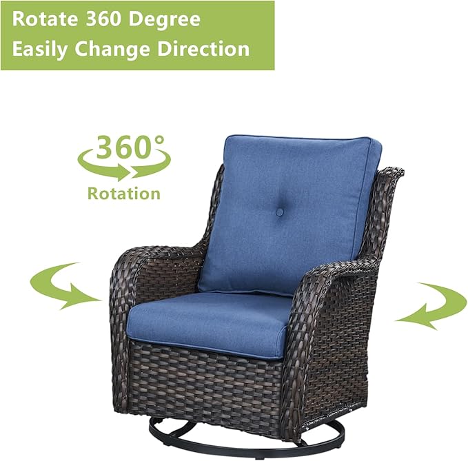 Outdoor Patio Swivel Rocker Chairs - Single Wicker Rattan Patio Swivel Rocking Chair with High Back,Deep Seating and Comfort Cushions for Deck Porch Garden,Brown/Blue