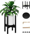 Adjustable Plant Stand, Bamboo Plant Stand Indoor with Tray, Wood Plant Stand for 8 to 12 inches Flower Pots, Single Mid Century Modern Plant Stand for Indoor Plants, Black