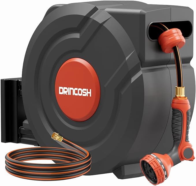 Upgraded Retractable Garden Hose Reels 130 ft X 1/2" PRO Metal Bracket 180° Swivel Any Length Lock Heavy Duty Water Hose Reels Wall Mount 9 Pattern Nozzle Garden Watering