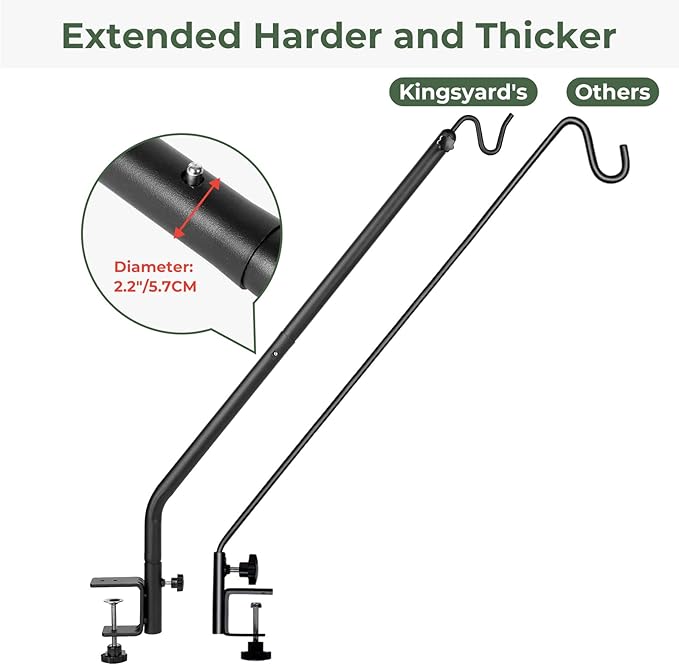Kingsyard 2 Pack Heavy Duty Deck Hook, 27"-39" Adjustable Metal Deck Railing Hooks for Hanging Bird Feeders, Planters, Suet Baskets, Lanterns, Wind Chimes, Clamp Mounted