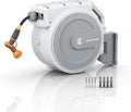 Giraffe Tools Retractable Garden Hose Reel, 5/8 in x 90 ft Heavy Duty Hose Reel With 9 Pattern Nozzle, Any Length Lock, Wall Mount Water Hose Reel, 180°Swivel, Light Grey