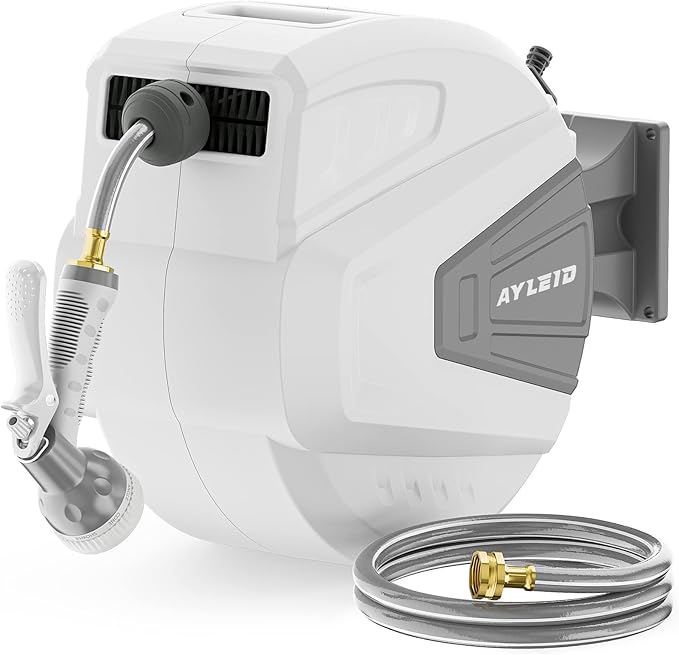 Ayleid Retractable Garden Hose Reel,1/2 in x 100 ft Wall Mounted Hose Reel, with 9- Function Sprayer Nozzle, Any Length Lock/Slow Return System/Wall Mounted/180°Swivel Bracket (Grey)
