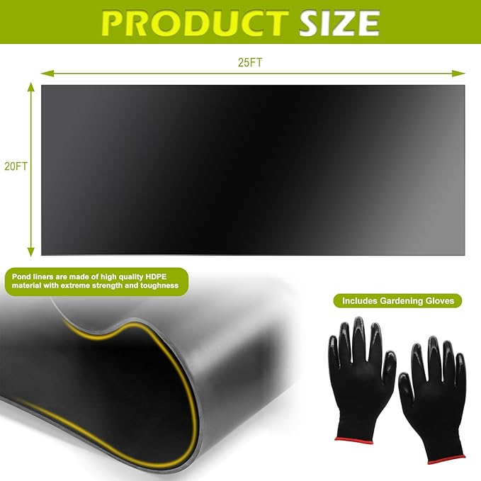 20 x 25 FT Pond Liner, 20 Mil Pond Liners for Outdoor Ponds, HDPE Pond Liner Easy Cutting Puncture Resistant, Pond Liners for Water Garden Fountain Waterfall, Koi Fish Aquaculture Pond