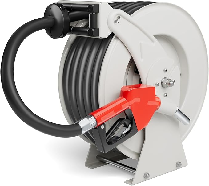 Fuel Hose Reel 3/4" x 50' Retractable with Fueling Nozzle Diesel Hose Reel 300 PSI Industrial Auto Swivel Heavy Duty Steel Construction for Farm Ship Vehicle Tank