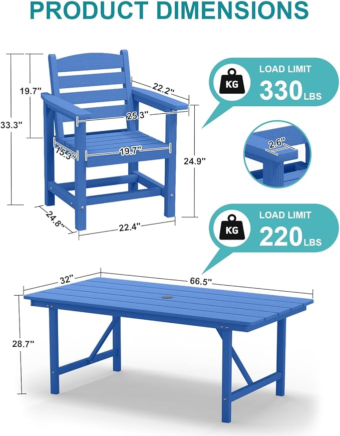 Patio Dining Set for 4 with Umbrella Hole - 66" Outdoor Table & 4 Chairs, All-Weather HDPE Outdoor Furniture for Lawn, Garden, Backyard, Poolside, Navy