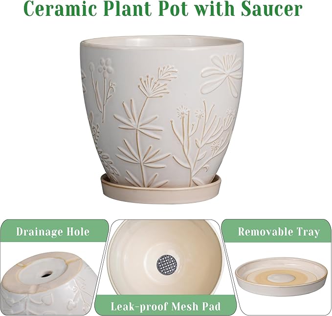 8 Inch Ceramic Pots for Plants Large Planter Pot with Drainage Hole and Saucer Round Flower Pot for Indoor Outdoor Decor, White