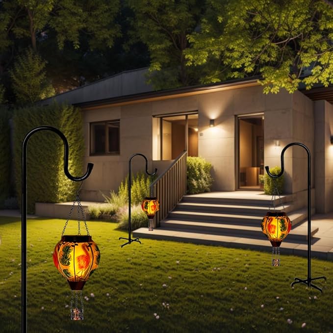 Starsoul Flamingo Hot Air Balloon Solar Lantern Solar Hot Air Balloon Flickering Flame Hanging Garden Light Metal & Glass Waterproof Lanterns for Yard Patio Farmhouse Decoration