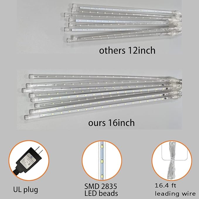Christmas Lights, 16 Inch/40cm Meteor Shower Lights, Xmas Decorations for Outside Yard Party, LED Icicle Christmas Light Outdoor for Tree Porch House Holiday, UL Plug, Blue