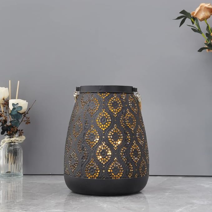TRIROCKS Moroccan Style Metal Lamp 8''H Battery Operated Cordless Table Lamp Vintage Lantern for Living Room Garden Yard Patio Parties Event Indoors Outdoors (Black with Gold Brush)