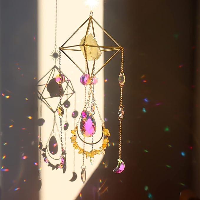 Citrine Crystal Suncatchers Boho Decor, Light Catcher Hanging, Unique for Moms, Glass Rainbow Maker, Crystal Window Hanging, Natural Gemstone (Citrine)