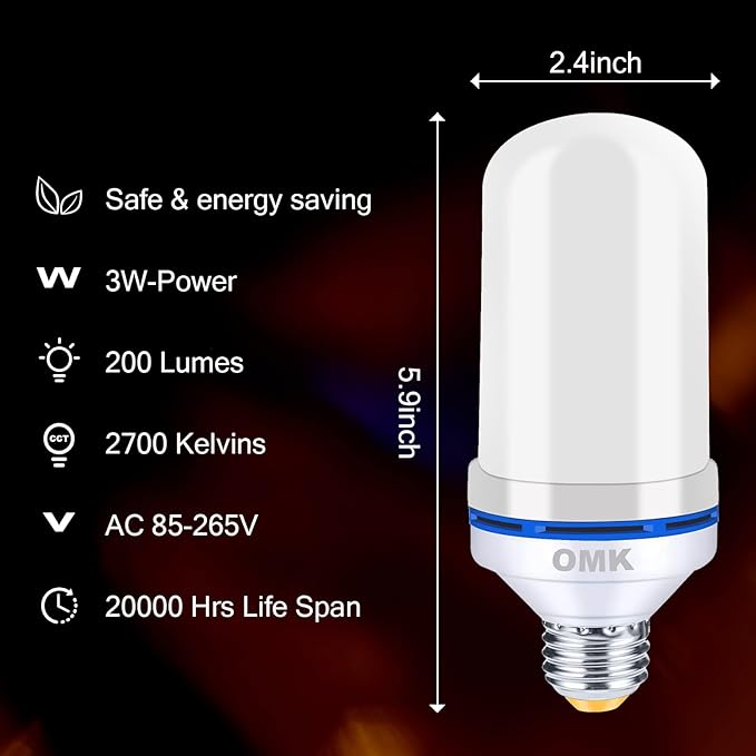 OMK - LED Christmas Decorations Flame Effect Light Bulbs - Upgraded 4 Modes Two-Tone Fire Simulated Lamps - Holiday/Christmas Gifts/Party/Indoor/Outdoor Decoration Lights (2Pack)