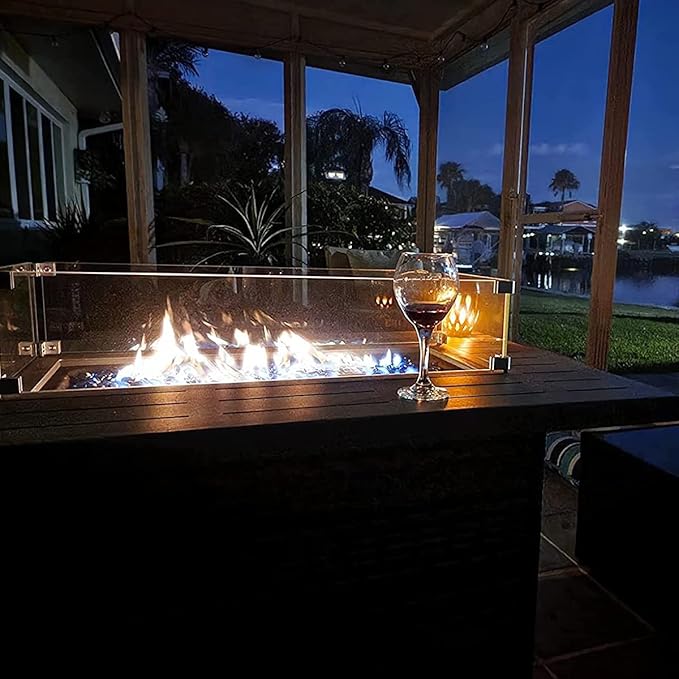 LayinSun 44" Propane Gas Fire Pit Table, 55000 BTU Rectangular Fire Pit with Glass Wind Guard for Outside Patio Deck Garden Backyard Brown-Aluminum Top