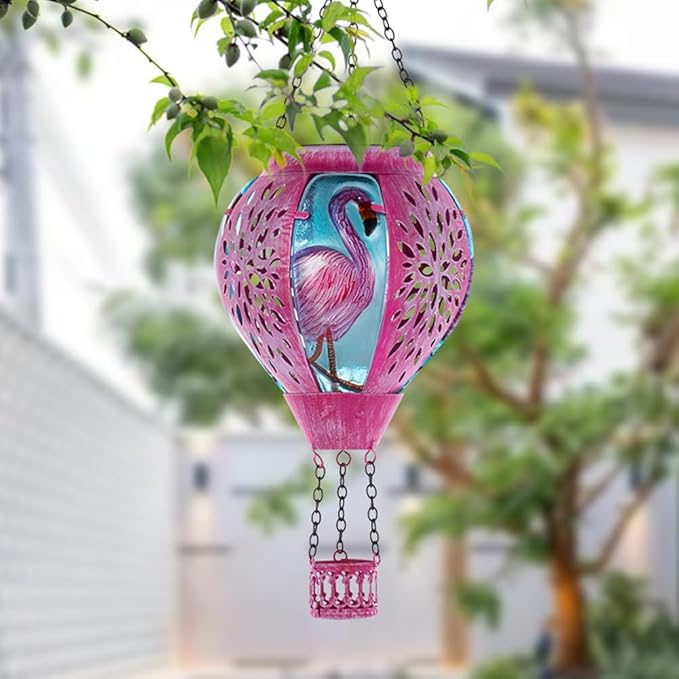 Starsoul Pink Hot Air Balloon Solar Lantern Flamingo Metal & Glass Solar Hot Air Balloon Hanging Garden Light Waterproof Outdoor Lantern for Patio Yard Party Decor