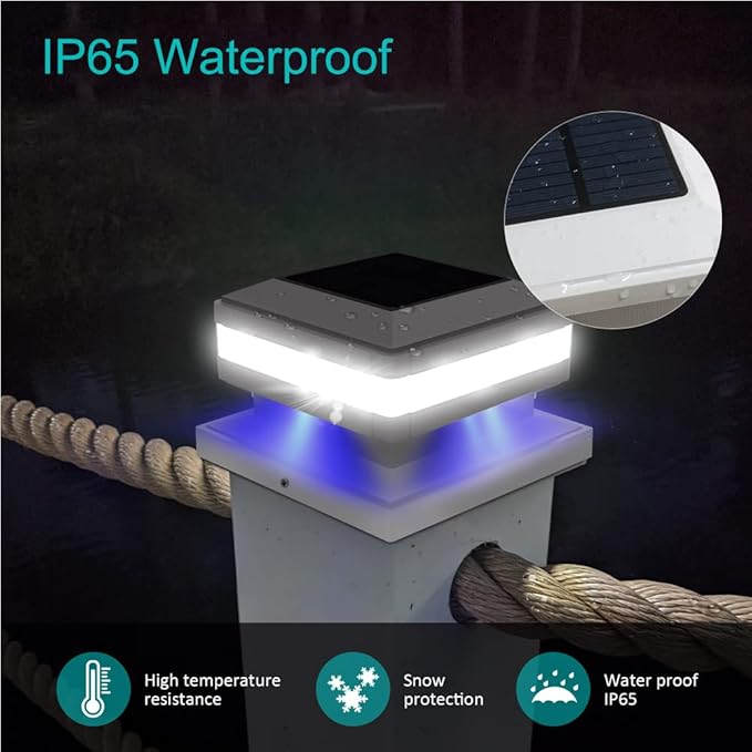 Sumaote Solar Post Cap Light, 52 LED 160LM 6x6 Solar Post Lights, IP65 Waterproof Outdoor for 4x4 5x5 6x6 Wooden Posts, 6000K White SMD Lighting for Deck Fence Garden Porch, White Shell, 4 Pack