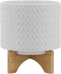 8" Ceramic Planter on Wooden Bamboo Stand - Contemporary White Chevron Design for Indoor or Outdoor Plants, Succulents, Cactus