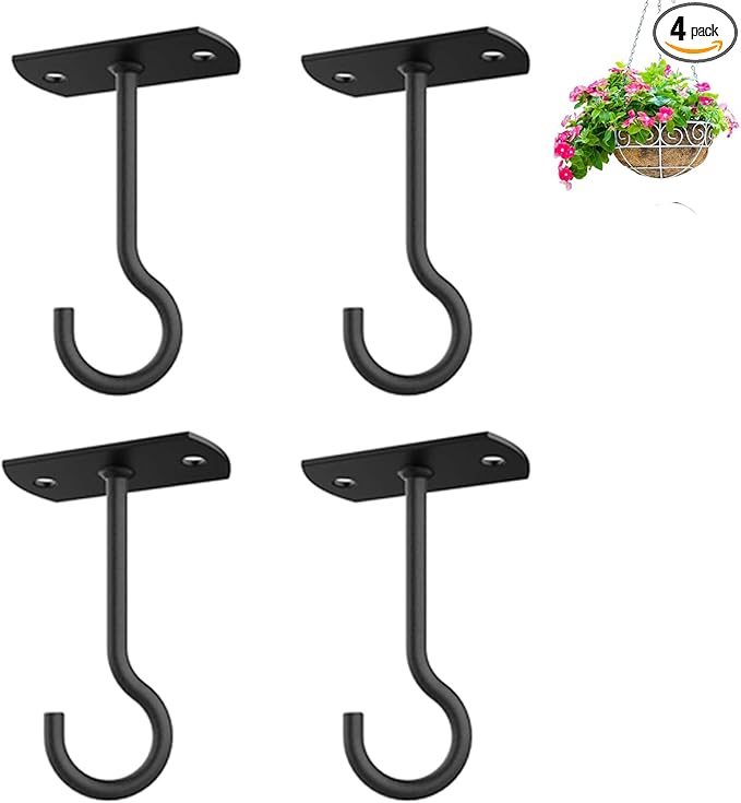 Ceiling Hooks for Hanging Plants 4Pack 4in for Plants,Lights,Planters,Lanterns,Hanging Bird Feeders,Wind Chimes,Indoor&Outdoor Decoration Hooks Black