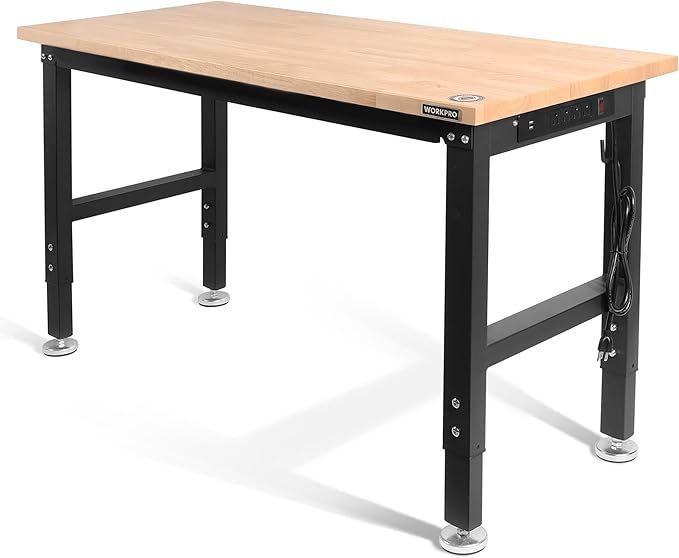 WORKPRO 48" Adjustable Workbench, Rubber Wood Top Heavy-Duty Workstation, 2000 LBS Load Capacity Hardwood Worktable with Power Outlets, for Workshop, Garage, Pack of 10