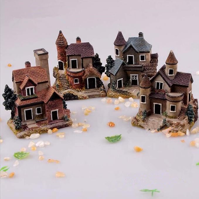 HAPYLY 4PCS Miniature House Fairy Gardening Micro Landscape Village Stone House Bonsai Terrarium Crafts Ornaments Accessories Home Decoration Resin
