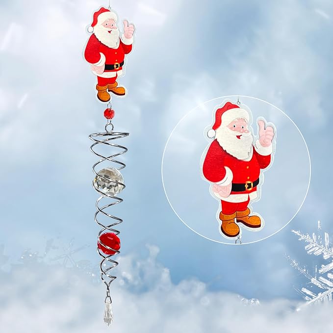 FONMY Santa Claus Gazing Ball Spiral Decorative Wind Spinner Sun Catcher Rainbow Maker Silver Spiral W/ K9 Crystal Ball Christmas Tree Hanging Ornament Indoor Outdoor Garden Decor. 22 in