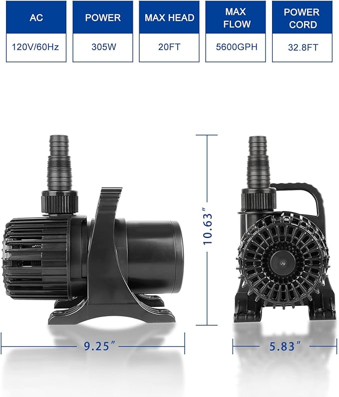 Outdoor Large 5600gph-305W 32.8FT Pond Water-fall & Kio Fish Fountain-s &Garden Pump Submersible IPX8: Long 32.8FT Cord Smart-er & Quieter Duck & Yard &Patio Ponds Pumps, 1 Barrier Pump Bag