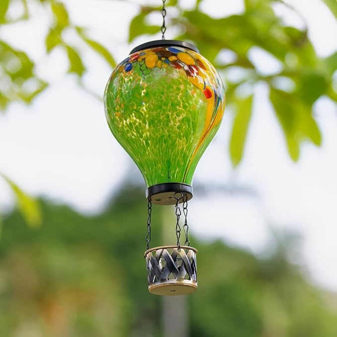 Starsoul 2 PC Hot Air Balloon Solar Lantern Tie-Dye Style Glass Outdoor Hanging Solar Hot Air Balloon Lantern with Flame Light Waterproof for Garden Yard Patio Decor