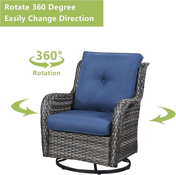 Outdoor Wicker Patio Furniture Set - 6 Piece Rattan Patio Conversation Set with 2 Rocking Swivel Chairs,2 Ottomans,1 Sofa and 1 Side Table for Porch Deck Backyard Garden(Mixed Grey/Blue)
