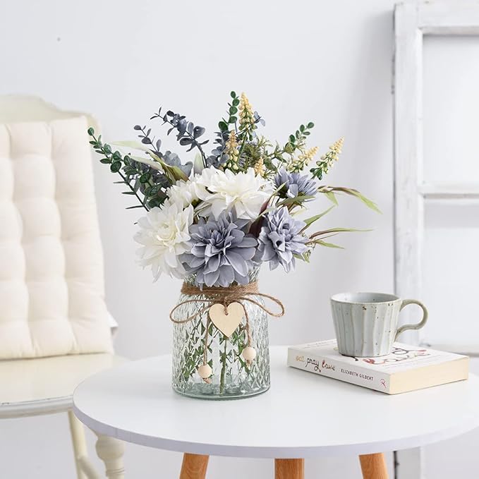 Fake Flowers Artificial Blue Flowers with Vase, Table Centerpieces for Dining Room, Silk Flower Arrangements for Home, Living Room Bathroom Plant Decor, Centerpiece Table Decorations