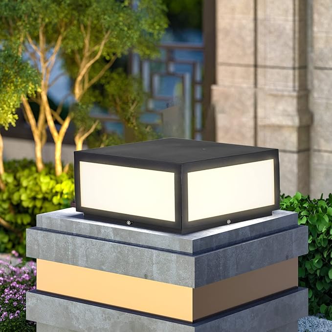 Pillar Lamp Post Light, Tempered Glass Shade，Fence Deck Cap Light Lantern Column Lamp for Flat Surface Patio Garden Decoration with IP55 Waterproof E26 LED Bulb (Electric Powered)